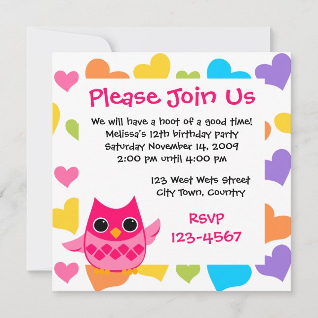 Invitación Lechuza rosa (Anverso)