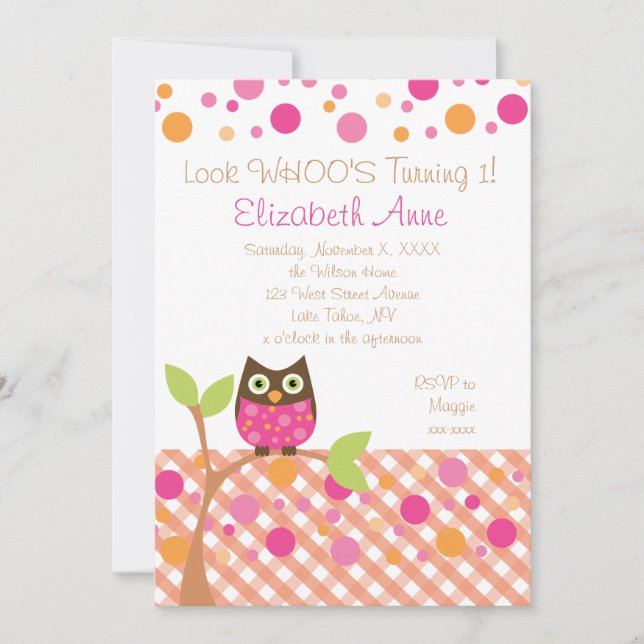 Invitación Lechuza rosa caliente (Anverso)