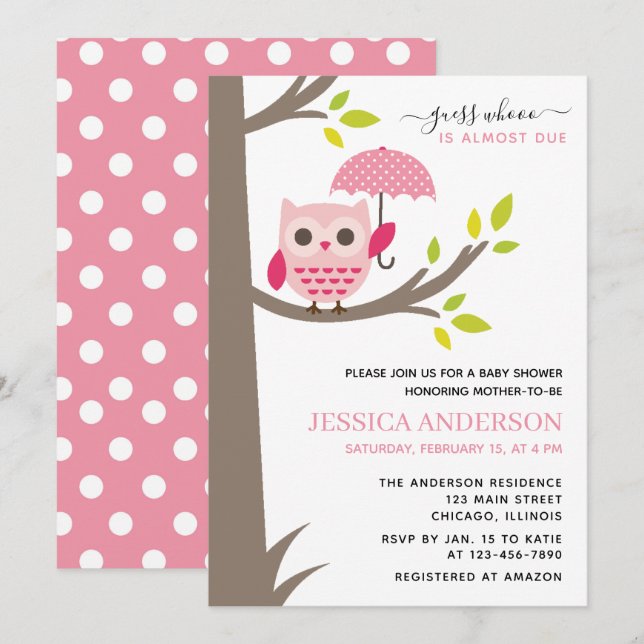 Invitación Lechuza rosa con Baby Shower paraguas (Anverso / Reverso)