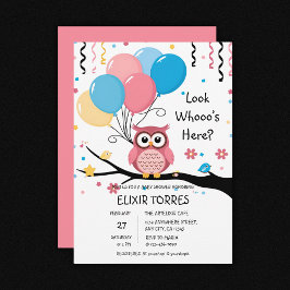 Invitación Lechuza rosa con globos y Baby Shower de Confetti