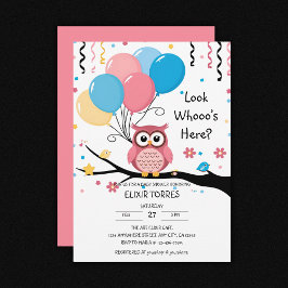 Invitación Lechuza rosa con globos y Baby Shower de Confetti
