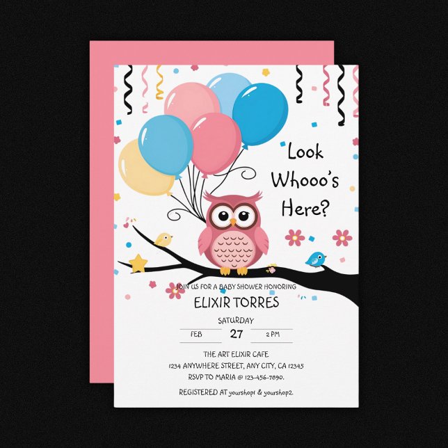 Invitación Lechuza rosa con globos y Baby Shower de Confetti (Subido por el creador)