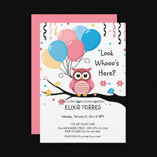 Invitación Lechuza rosa con globos y Baby Shower de Confetti