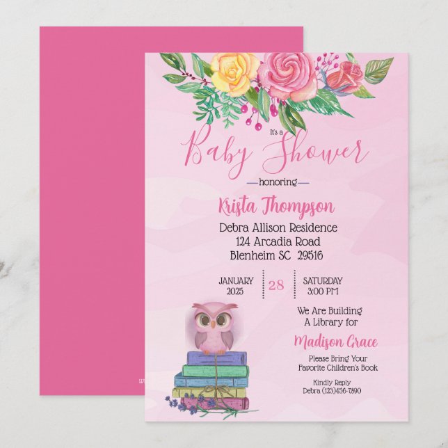 Invitación Lechuza Rosa Cuta Trae Un Baby Shower Del Libro (Anverso / Reverso)
