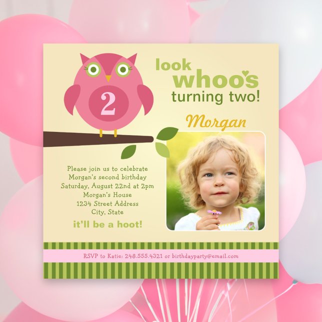 Invitación Lechuza Rosa Moderna Fiesta Chica de cumpleaños en (Subido por el creador)
