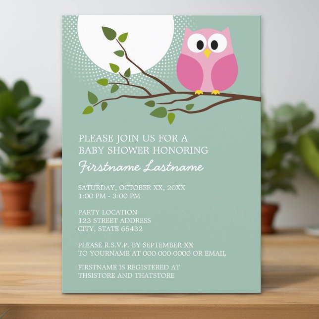 Invitación Lechuza rosa pequeña en la rama de la ducha de niñ (Custom Invitation with Download Option)