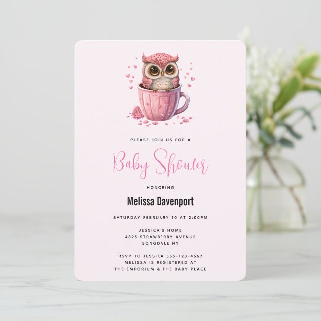 Invitación Lechuza rosada en una Copa Baby Shower (Anverso de pie)