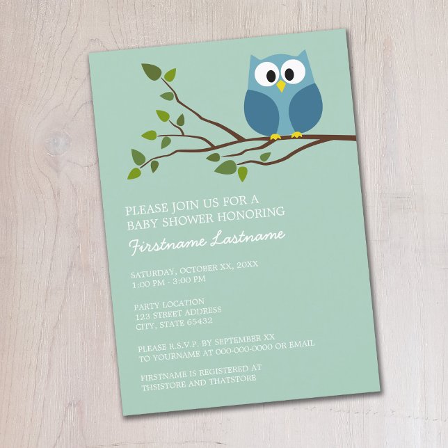 Invitación Lechuza verde de menta en ducha de bifurcación par (Cute Woodland Owl Baby Shower Invitation - Mint Green and Blue Owl)