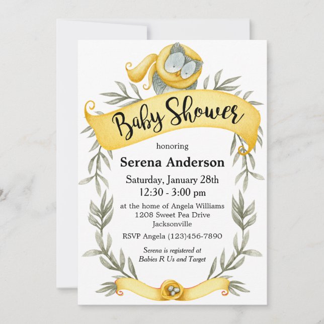 Invitación Lechuza Woodland en Baby Shower con bufanda amaril (Anverso)