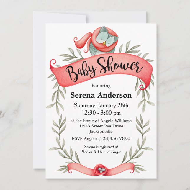 Invitación Lechuza Woodland en Baby Shower Red Scarf (Anverso)