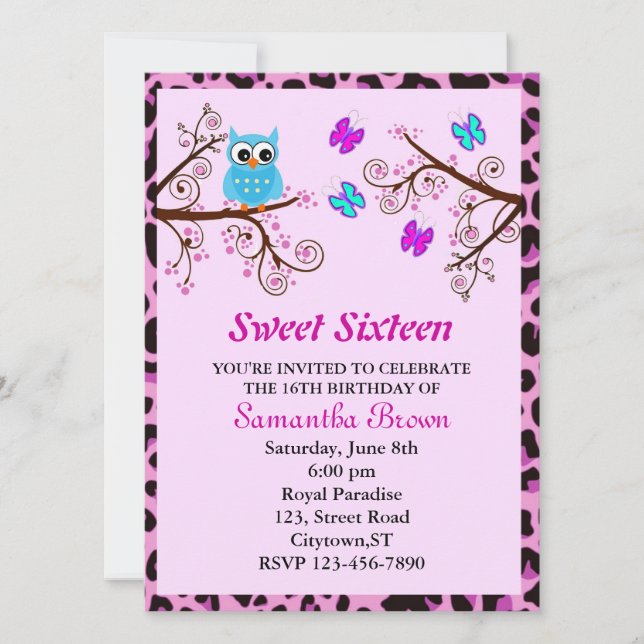 Invitación Lechuza y mariposas dulces Dieciséis (Anverso)