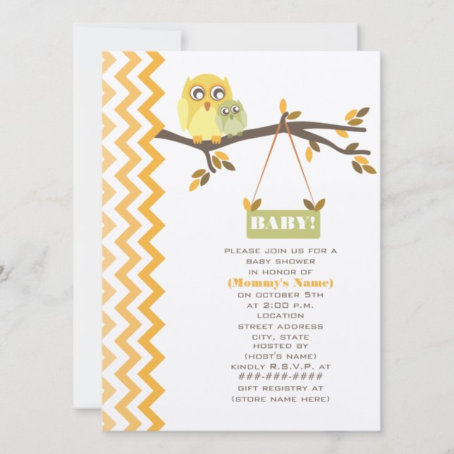Invitación Lechuzas Baby Shower, madre y bebé, verde otoño ne (Anverso)