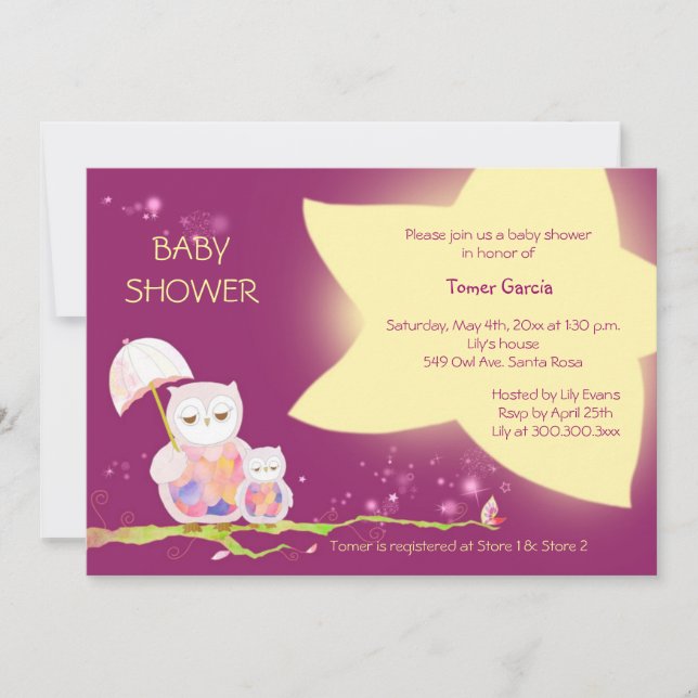 Invitación Lechuzas bajo el Baby Shower de Twinkling Stars (Anverso)