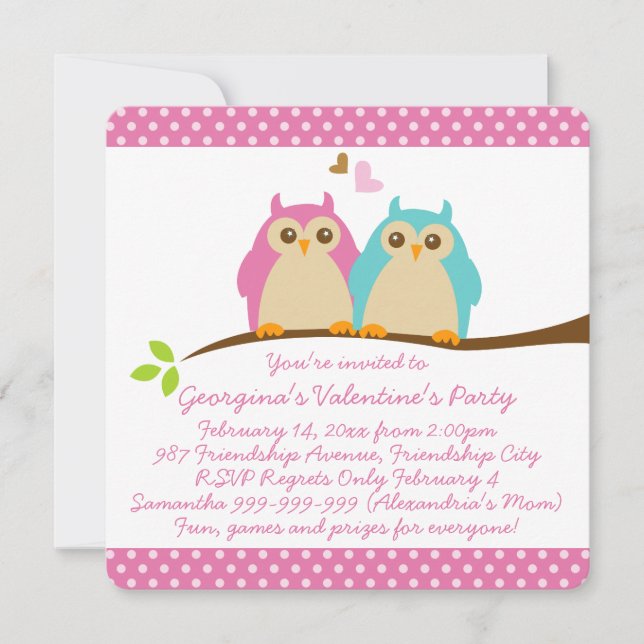 Invitación Lechuzas dulces en el amor Niños rosas Valentines  (Anverso)