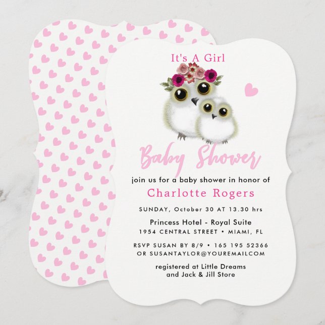 Invitación Lechuzas extravagantes adornan Baby Shower Pink (Anverso / Reverso)