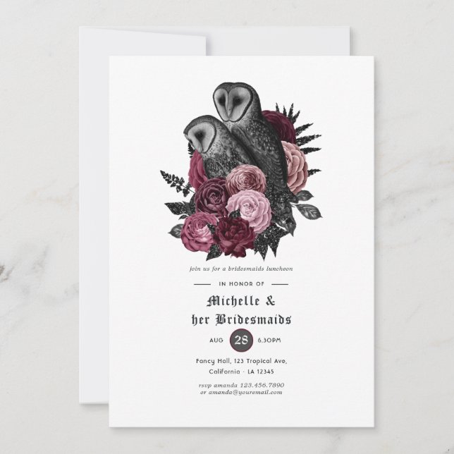 Invitación Lechuzas florales de Borgoña Novias góticas Lunche (Anverso)