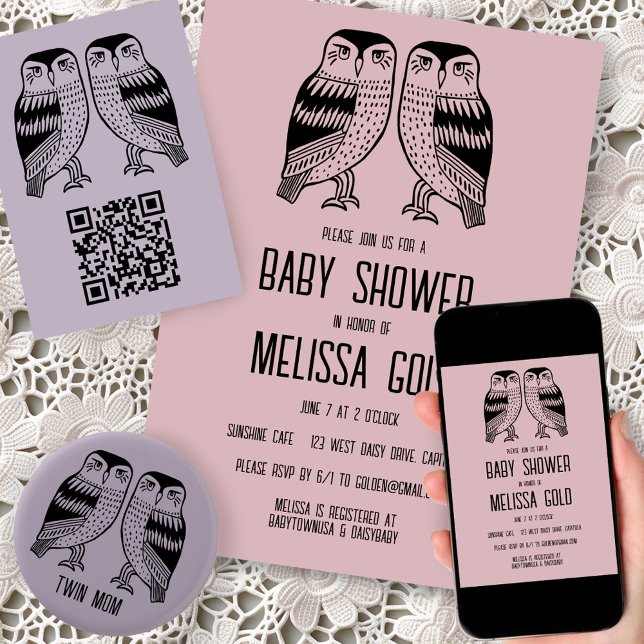 Invitación Lechuzas gemelas Cute Moda simple PERSONALIZADO BA (Twin owls custom baby shower invitation - digital or print. Matching thank you notes, enclosure card)