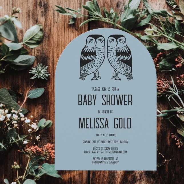 Invitación Lechuzas gemelas, un simple PERSONALIZADO de BABY  (Twin Owls Cute Simple BABY SHOWER CUSTOM Arched Invitation
)
