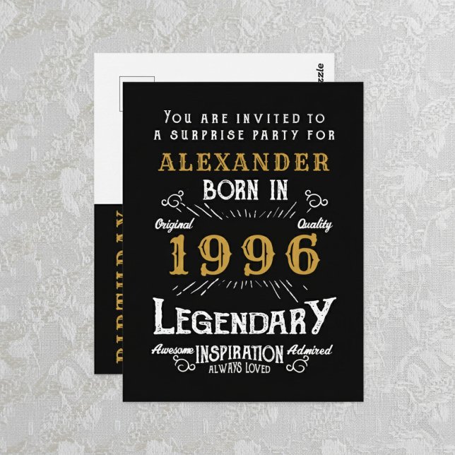 Invitación Legend 30 Cumpleaños 1996 Negro Oro (1996 birthday invitation  postcard. Background white lace.)