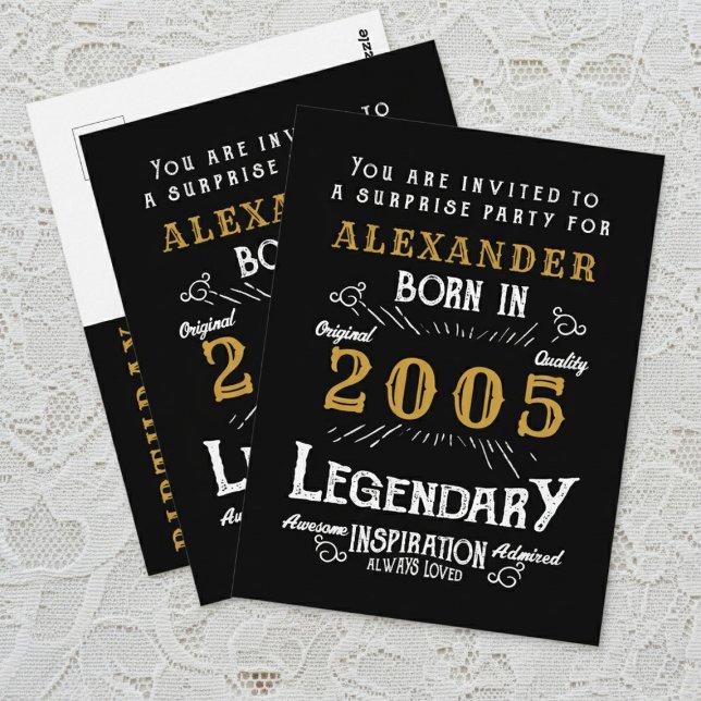 Invitación Legend Negro Oro Cumpleaños 21 2005 (2005 birthday invitation postcard. White background.)