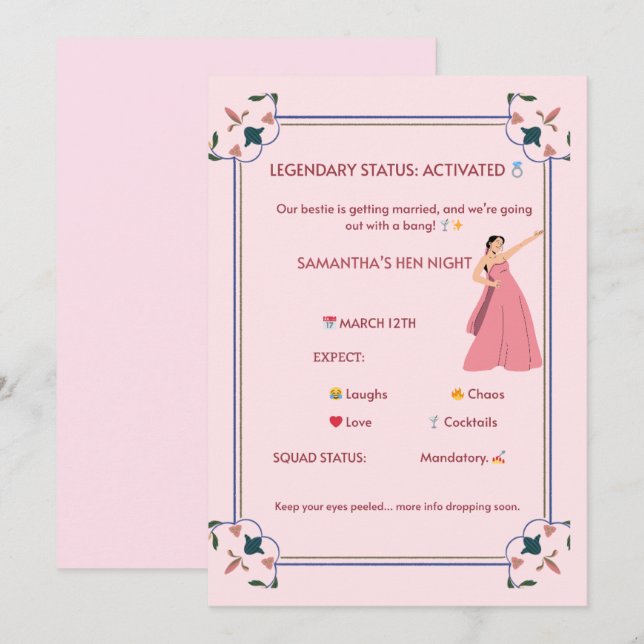 Invitación Legendaria para Noche de Chicas – Flora (Anverso / Reverso)