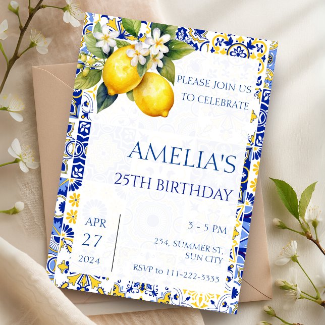 Invitación Lemon Amalfi Mediterráneo Tiles Cumpleaños Italian (Mediterranean Lemon Amalfi Tiles Italian Birthday Invitation)