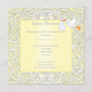 Invitación Lemon amarillo encaje elegante bebé ducha cigüeña