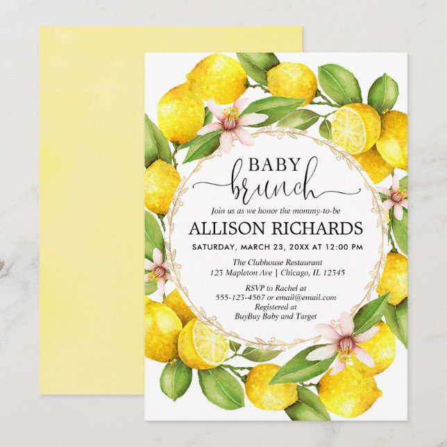 Invitación Lemon baby brunch ducha, limones neutrales en géne (Anverso / Reverso)