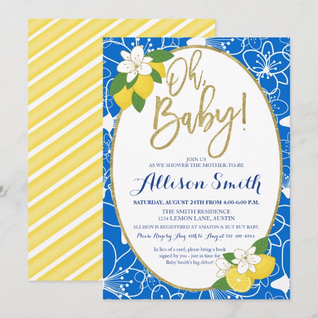 Invitación Lemon Baby Shower Baby Boy Blue Yellow Gold (Anverso / Reverso)