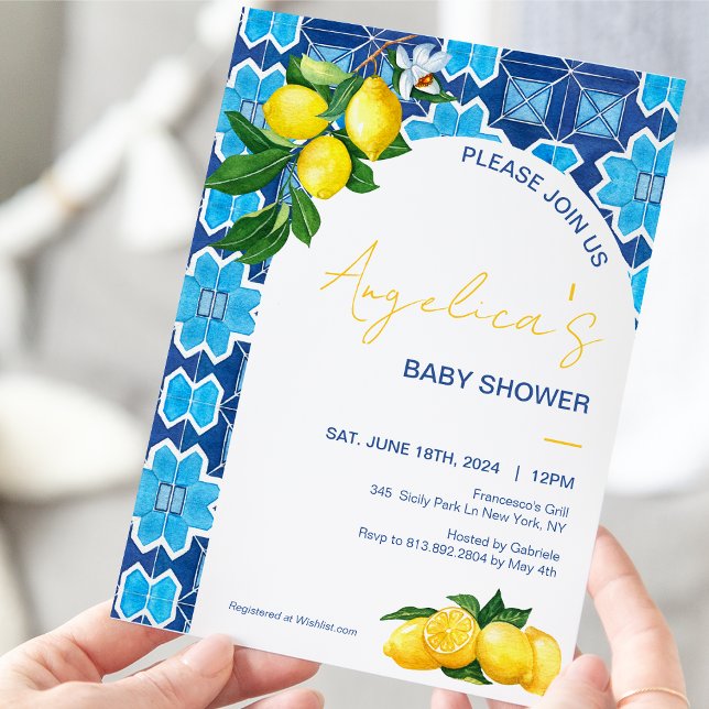 Invitación Lemon Baby Shower | Baldosas azul mojolica (Subido por el creador)
