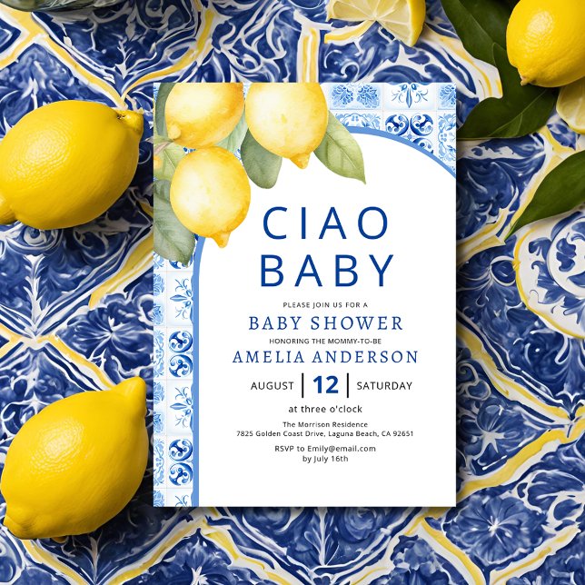 Invitación Lemon Baby Shower de verano italiano Blue Tiles (Subido por el creador)