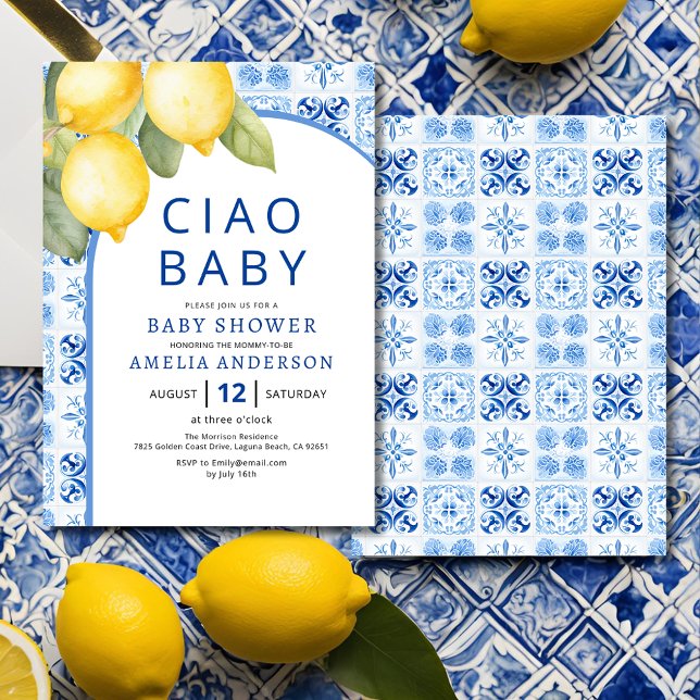 Invitación Lemon Baby Shower de verano italiano Blue Tiles (Subido por el creador)