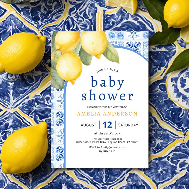 Invitación Lemon Baby Shower de verano italiano Blue Tiles (Subido por el creador)