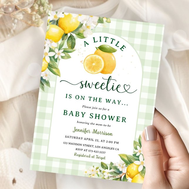 Invitación Lemon Baby Shower Green Gingham Gender Neutral (Subido por el creador)