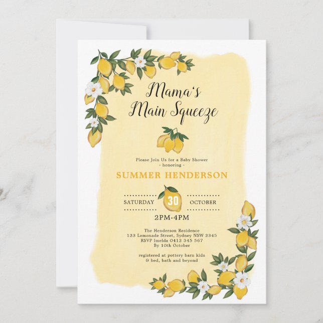 Invitación Lemon Baby Shower Sunshine Lemonade Summer Citrus (Anverso)