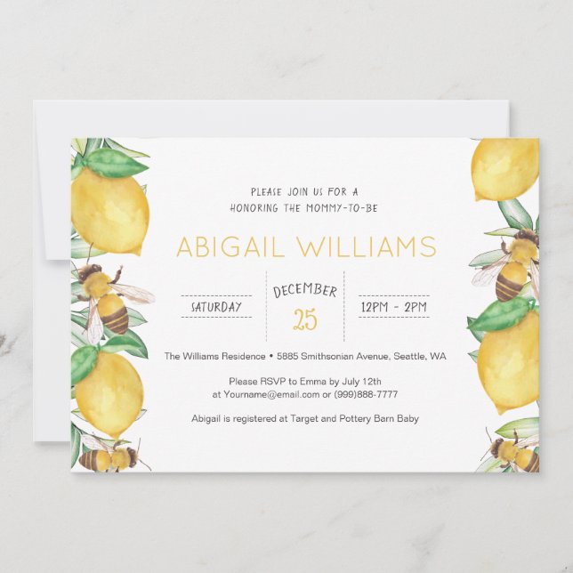 Invitación Lemon & Bee Watercolor Greenery Baby Shower (Anverso)