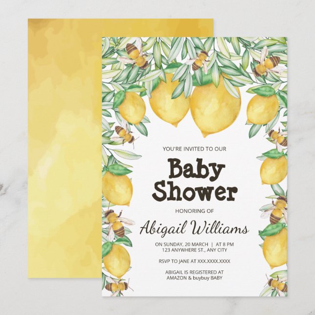 Invitación Lemon & Bee Watercolor Greenery Baby Shower (Anverso / Reverso)