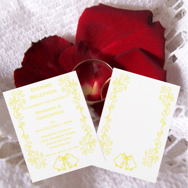 Invitación Lemon Bells Scrollwork Recepción de boda (Yellow wedding reception invitation bells and scrollwork design)