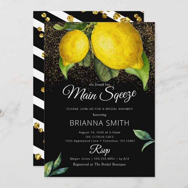 Invitación Lemon Black Squeeze Moderno Bridal Shower (Anverso / Reverso)