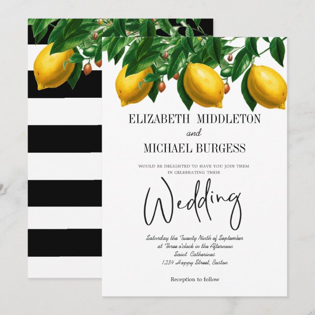 Invitación Lemon Black White Stripe Boda Botánico (Anverso / Reverso)