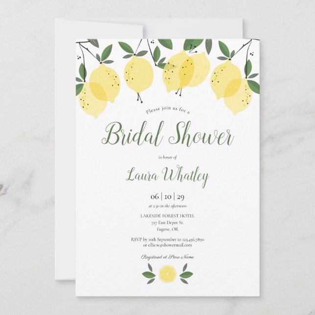 Invitación Lemon Blossom Greenereny Watercolor Bridal Shower (Anverso)