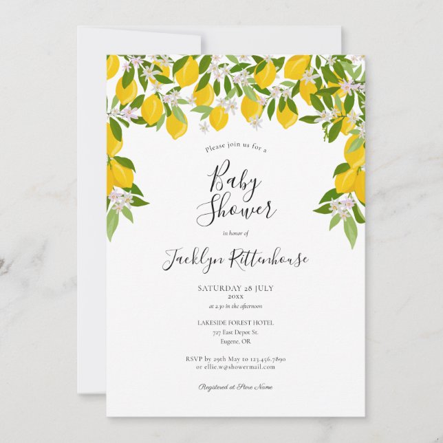 Invitación Lemon Blossom Greenery Watercolor Baby Shower (Anverso)