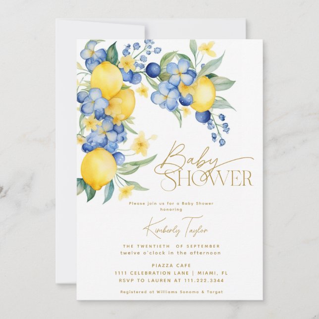 Invitación Lemon Blue Floral Italiano Baby Shower (Anverso)