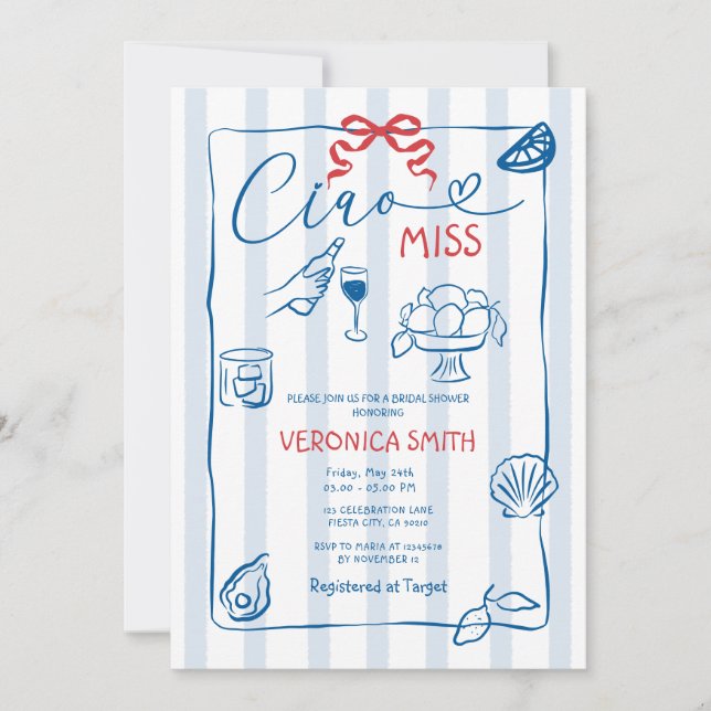 Invitación Lemon Blue Italy Ciao Miss Bridal Shower (Anverso)