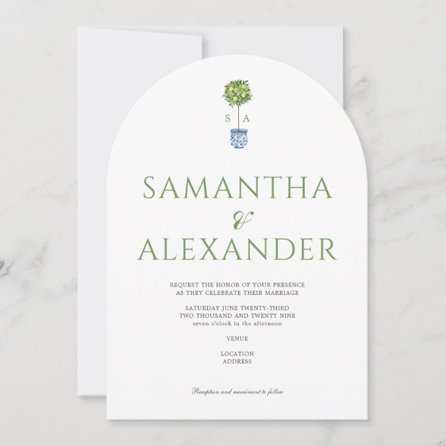 Invitación Lemon Blue Mediteranean Garden Green Boda (Anverso)