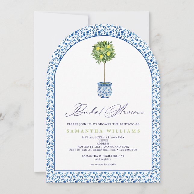 Invitación Lemon Blue Mediteranean Tiles Garden Bridal Shower (Anverso)