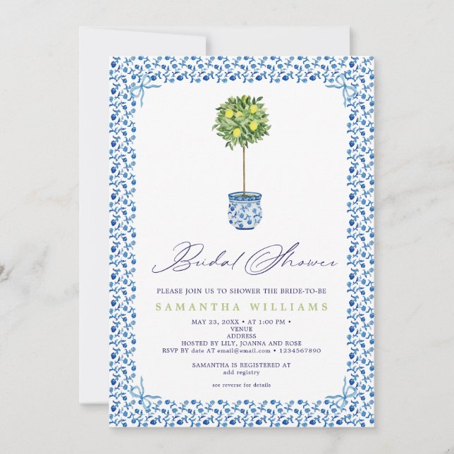 Invitación Lemon Blue Mediteranean Tiles Garden Bridal Shower (Anverso)