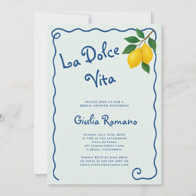 Invitación Lemon Blue Whimy Frame La Dolce Vita Bridal Shower (Anverso)