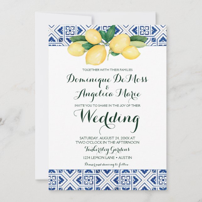 Invitación Lemon Boda Blue White Tile Mediterráneo (Anverso)