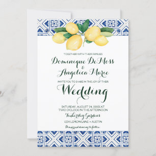 Invitación Lemon Boda Blue White Tile Mediterráneo